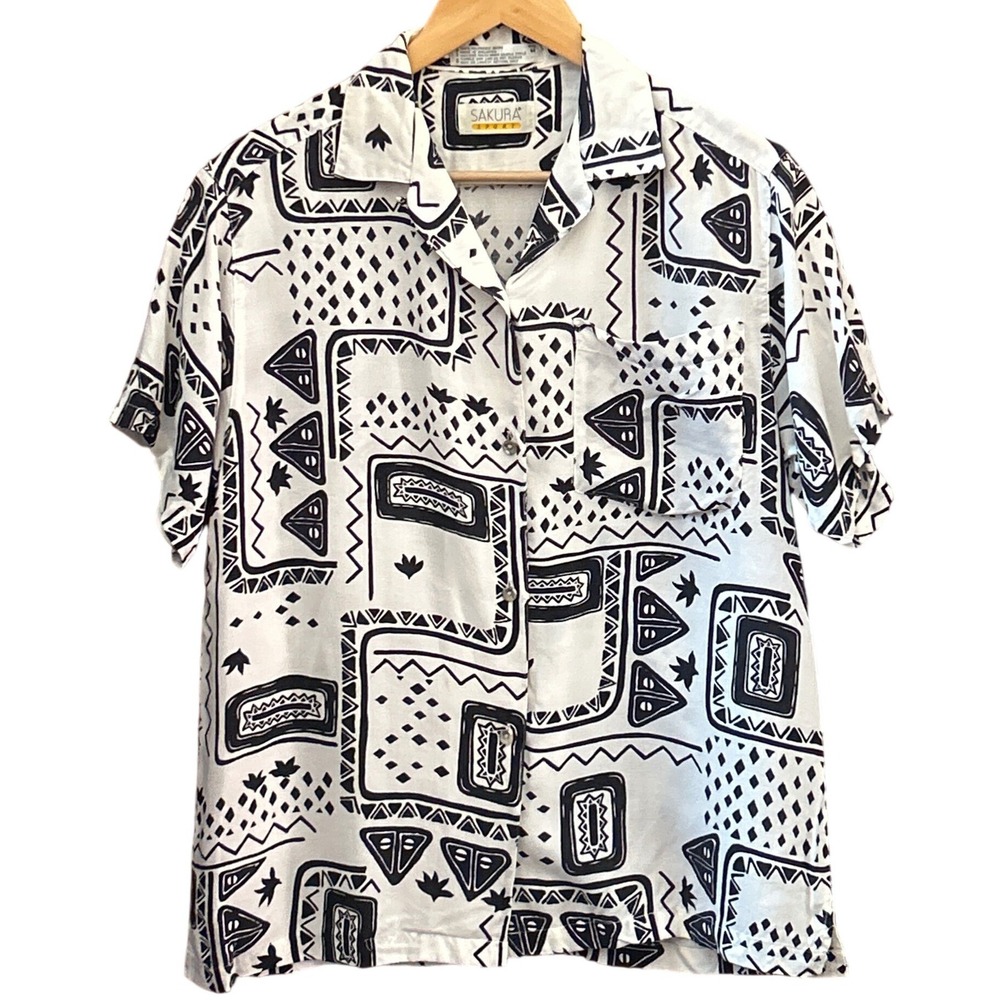 90s Sakura Sport Button Down Tribal Geometric Monochrome Retro Summer Beach